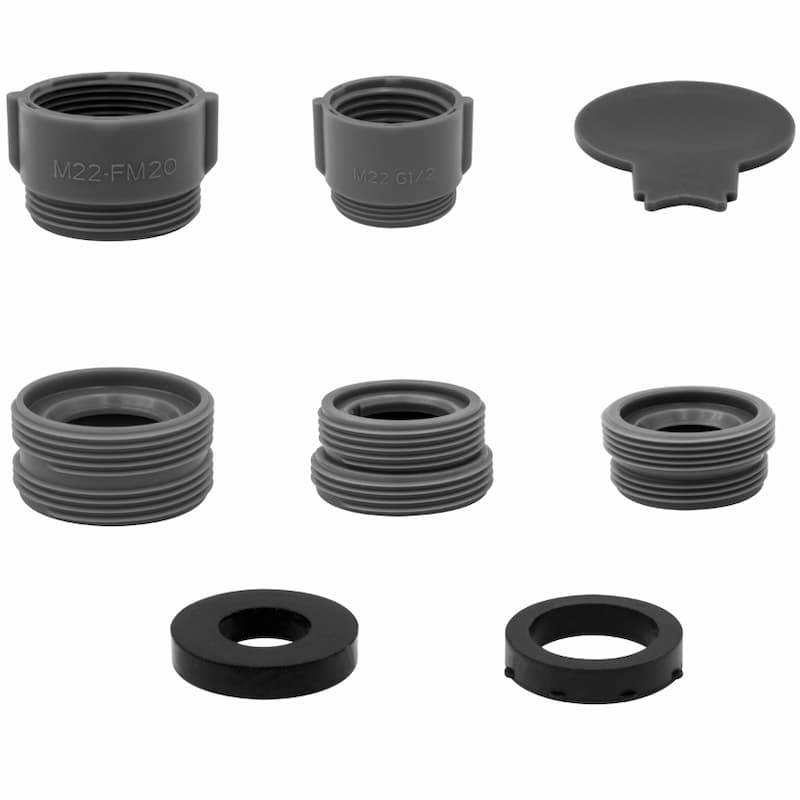 Kit di adattatori in plastica per la sostituzione dell'aeratore del rubinetto a doppia modalità.