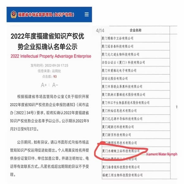 Impresa premiata per il vantaggio in materia di proprietà intellettuale nel 2022: Tecnologia sanitaria Xiamen Water Nymph.